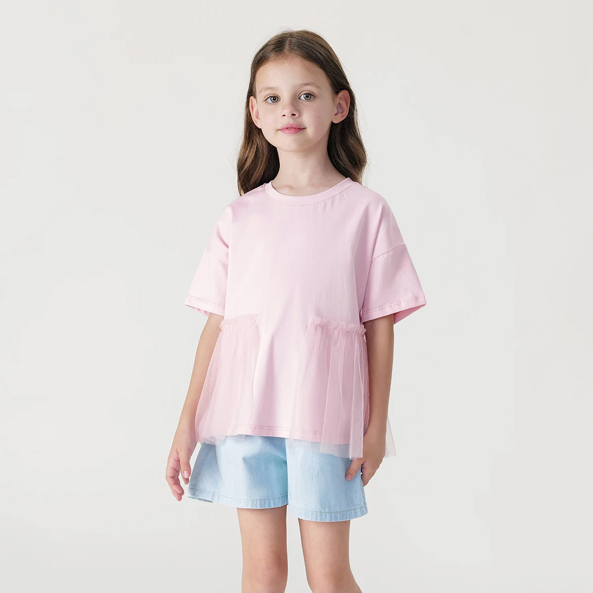 

MARC&JANIE Girls Loose Fit Short Sleeve Mesh Patchwork T-shirt for Summer 240763