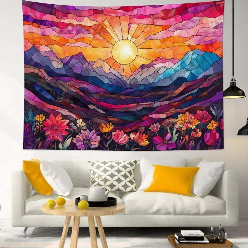 VIKAMA Stained Glass Sun Mountain Tapestry Wall Hanging Floral Meadow Boho Colorful Aesthetic Wall Art Bedroom Decor