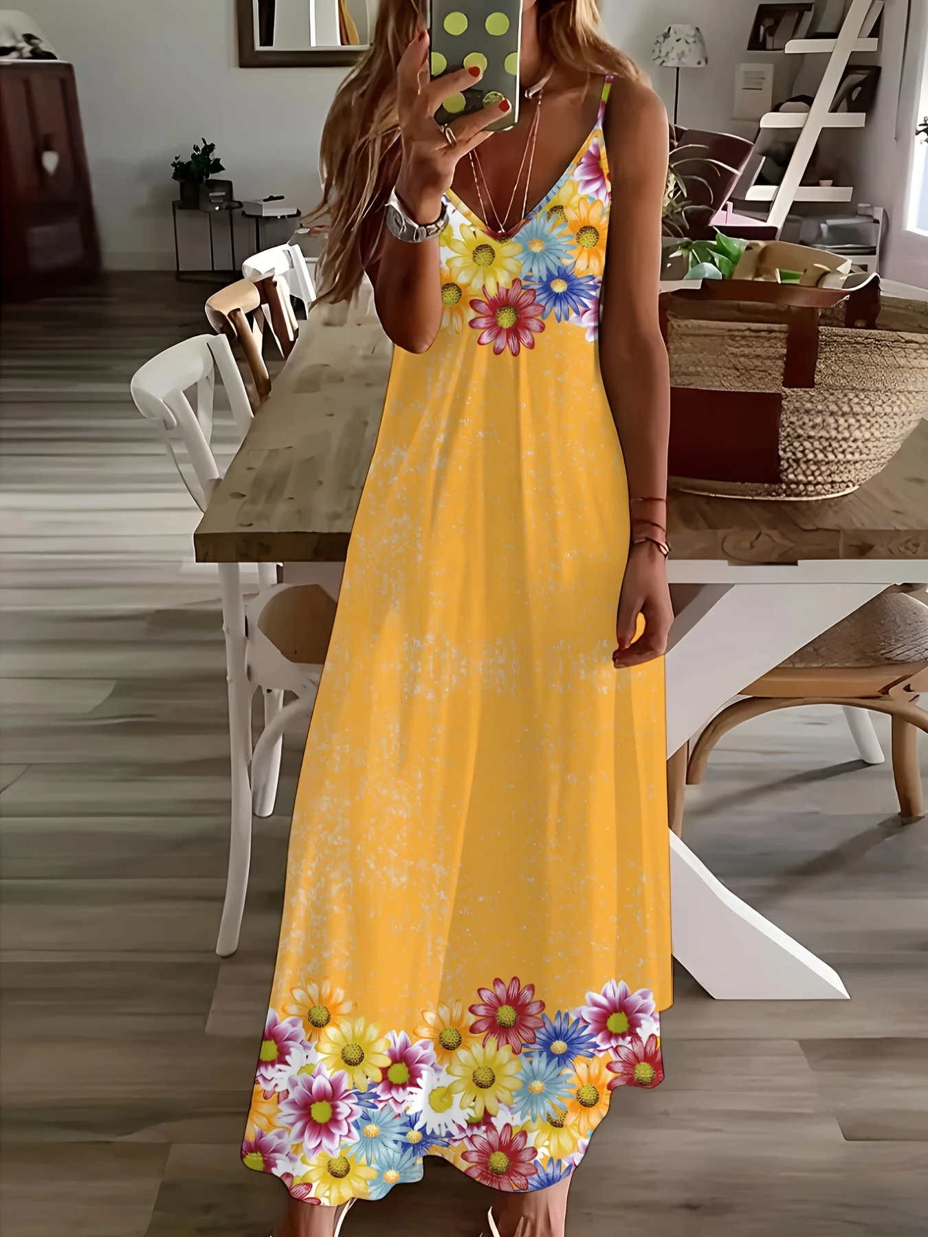 Printed Design Casual Contrast Colorful Daisy Slip Dress