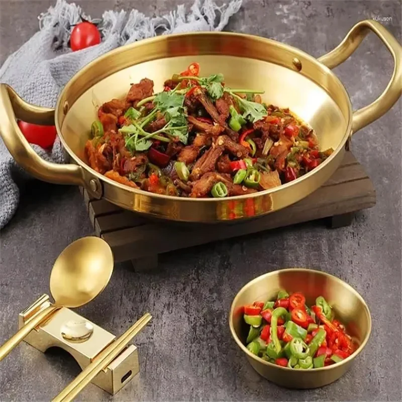 Non-Stick Stainless Steel Paella Pan with Gold Handle, Multi-use Seafood Rice Skillet, Korean Style Kitchen Cookware
