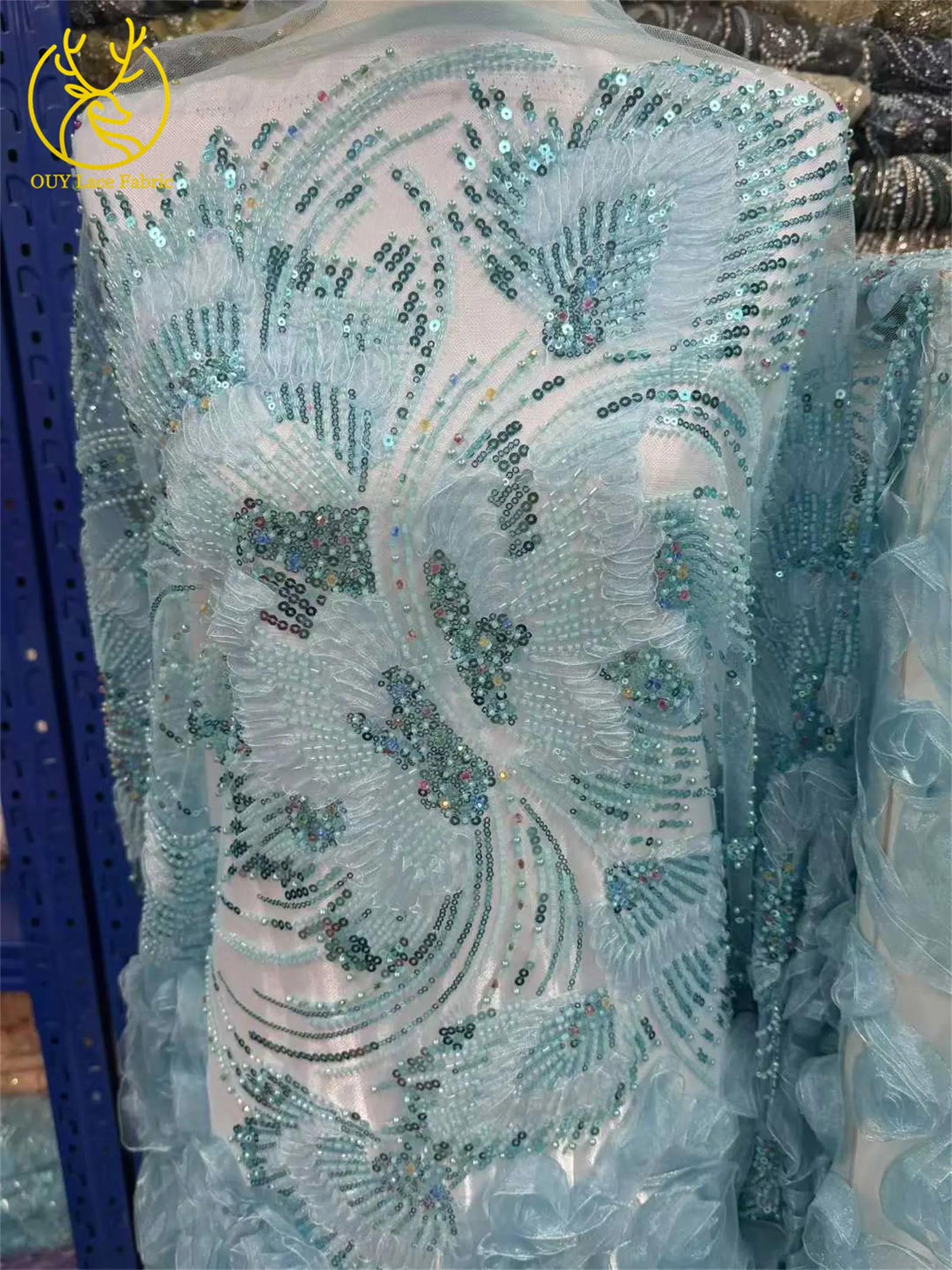 Latest African Beaded Sequins Lace Fabric 3D Tulle Fashion Lace Fabric Ideal for Wedding Party Dresses and Bridal Gowns