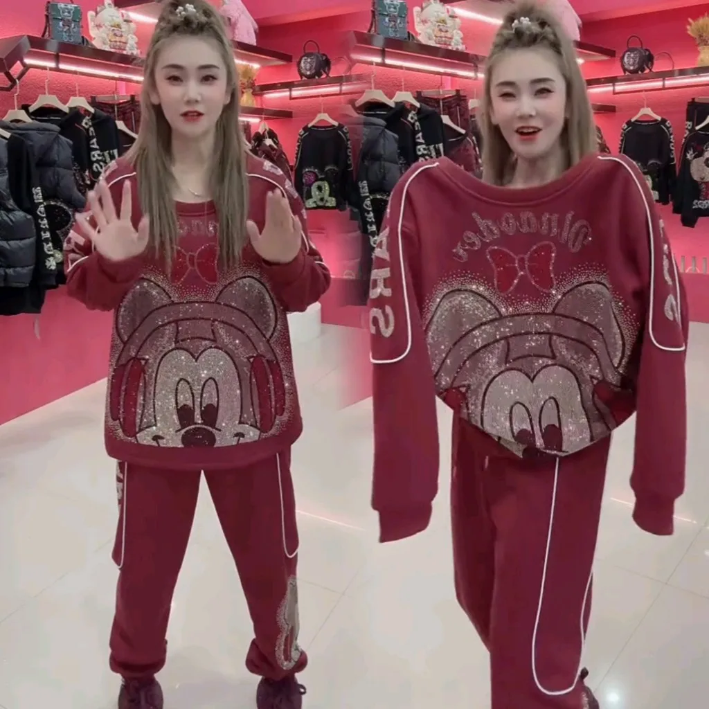 Heavy Industry Hot Diamond Cartoon Sweatshirtsautumn Winter Fleece Thickened  Loose Crew Neck Top and Pants Two-piece Sets Women