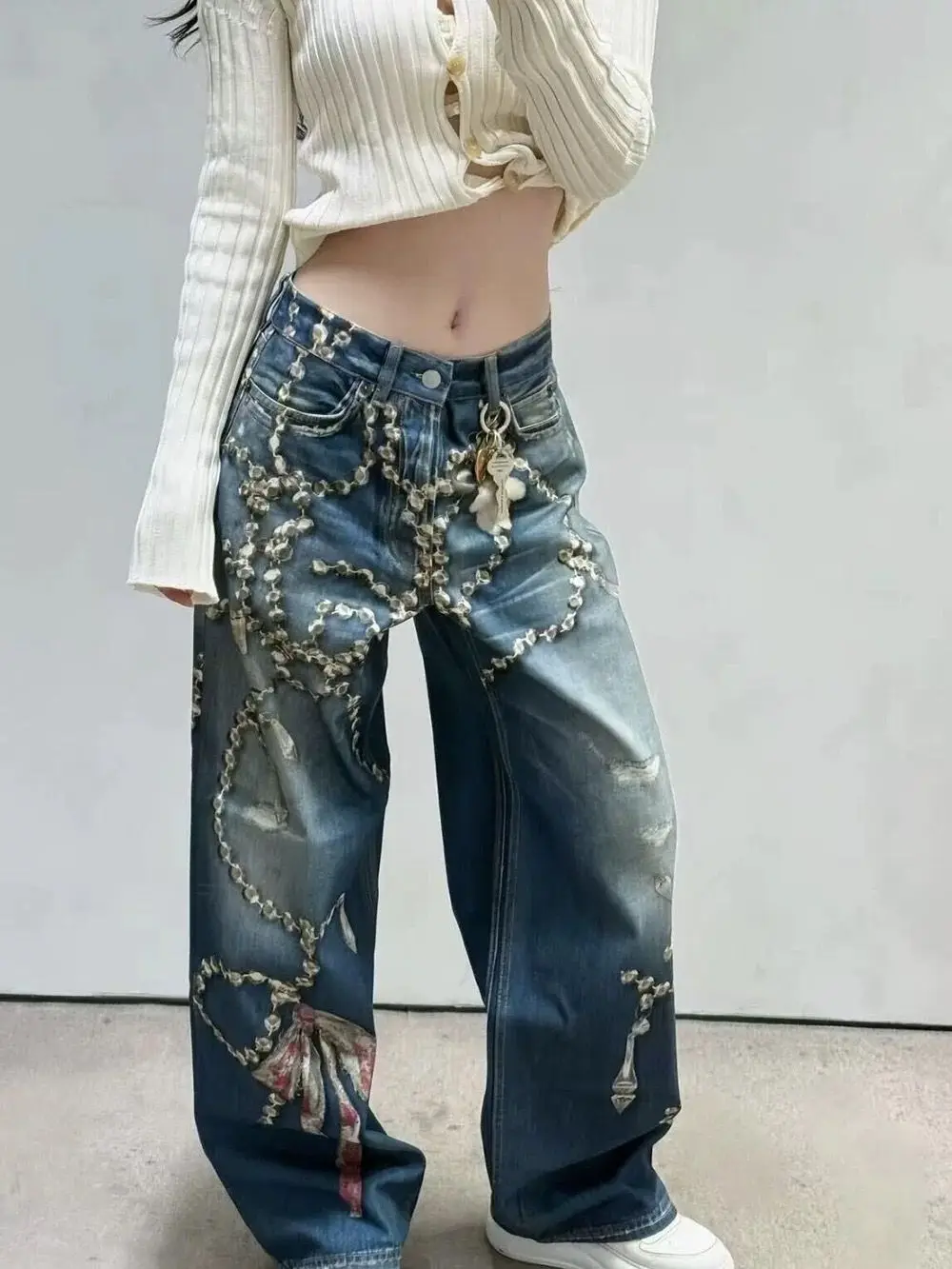 

Y2K 3D Digital Print Crystal Chain Jeans Loose Straight Leg High End Cool Summer Pants for Women