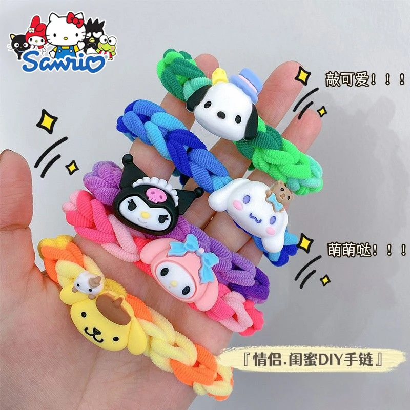 

Sanrio Cartoon Hello Kitty Braided Hair Rope Candy Color Pochacco Kuromi My Melody Hair Accessories Couple Bracelet Girl Gift