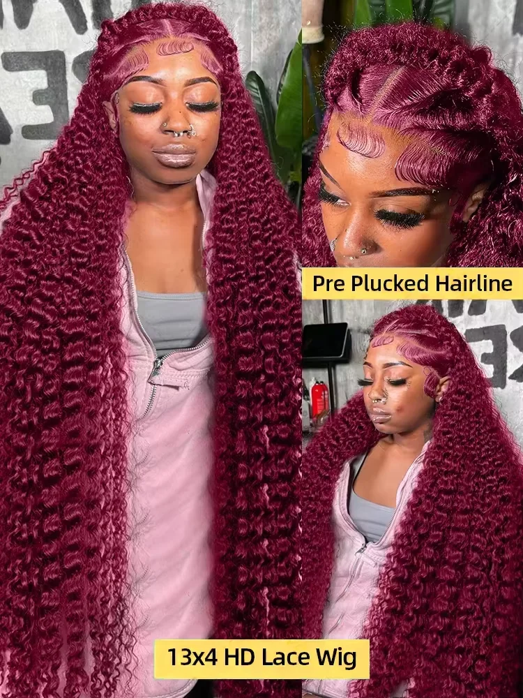 200% الكثافة 99J بورجوندي ملون موجة عميقة عالية الكثافة 13X4 الدانتيل شعر مستعار أمامي عميق مجعد أحمر اللون الدانتيل أمامي خصلات الشعر المستعار الإنسان