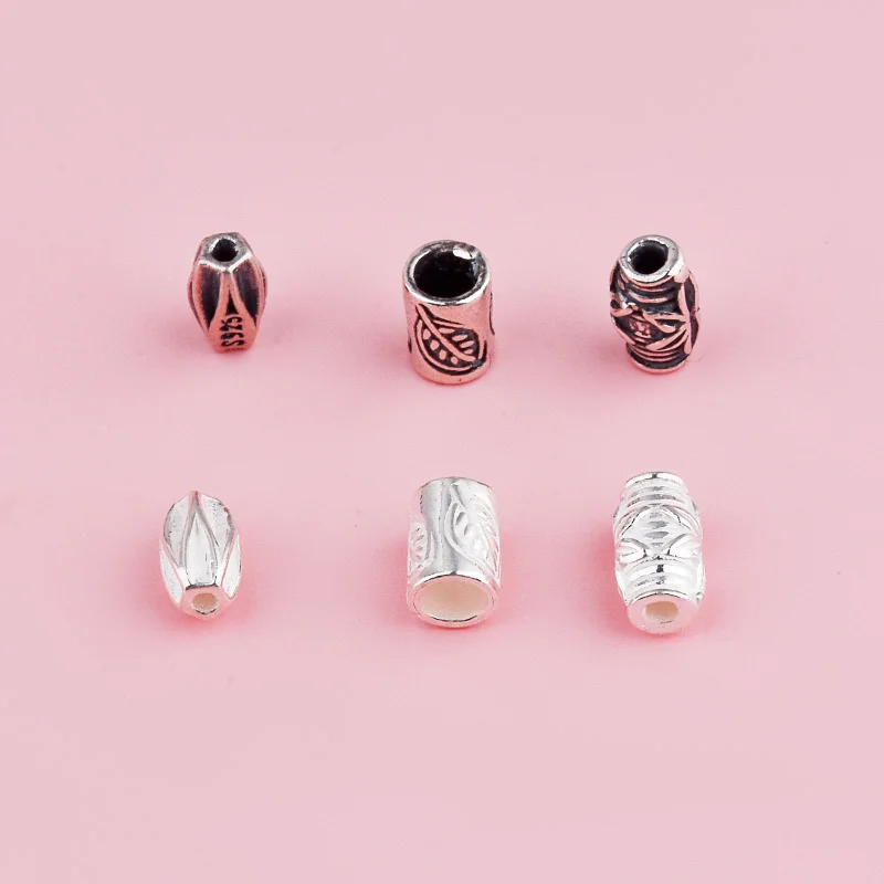 S925 pure silver vintage leaf relief pattern geometric pattern small bucket bead DIY stringing bracelet accessory
