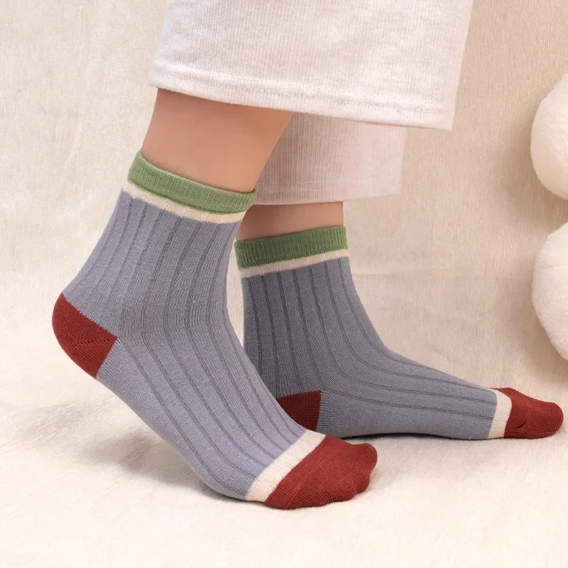 Striped Cotton Socks Autumn Winter Women Girls Solid Color Retro Warm Mid-Tube Socks Cute Simple Thicken Wool Sock Fashion Gift