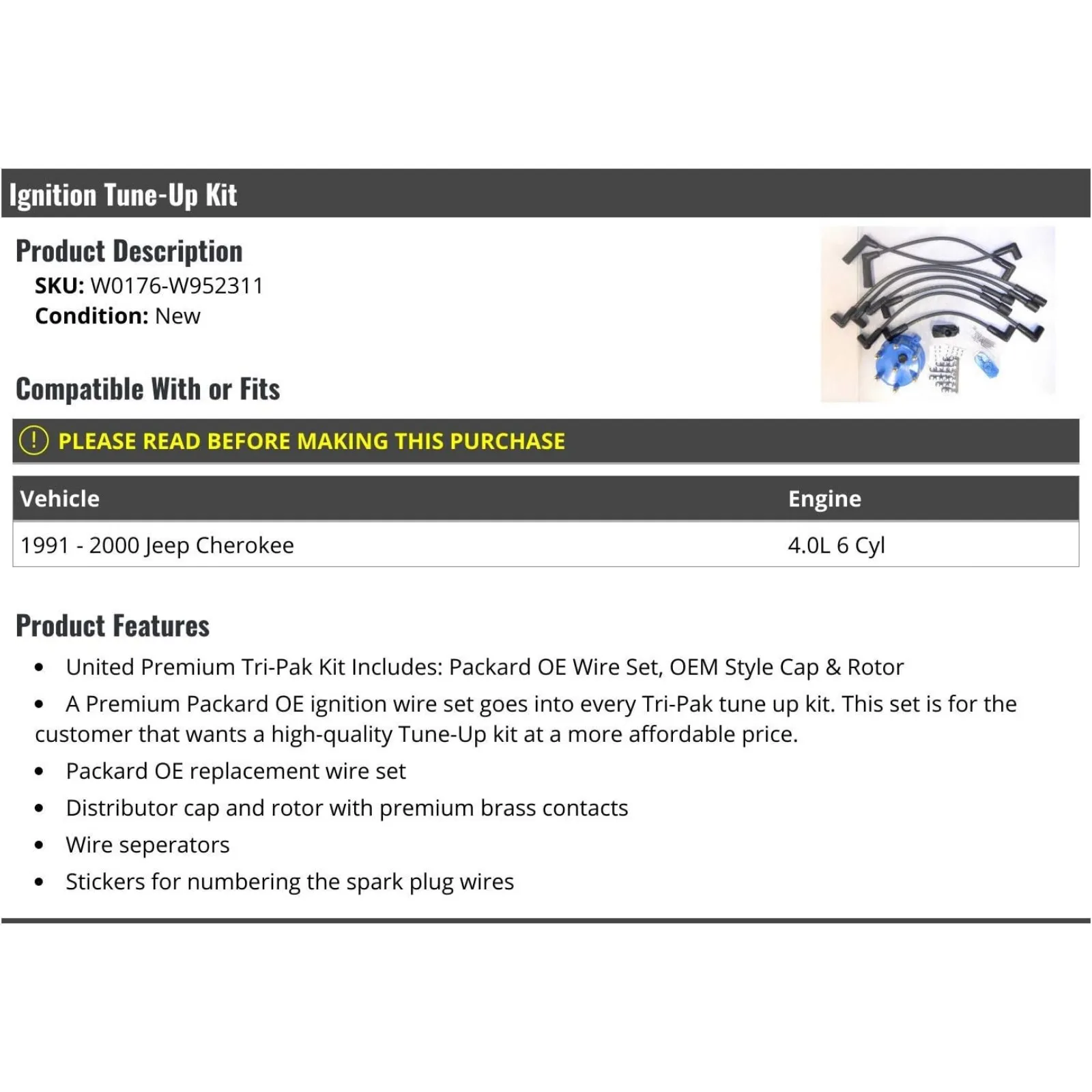 US Ignition Tune-Up Kit-Spark Plug Wire Set, Distributor Cap and Rotor - Compatible with 1991-2000 Jeep Cherokee 4.0L 6-Cylinder