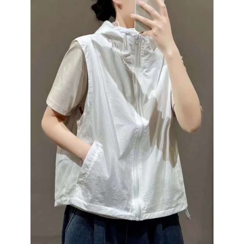 Summer Breathable Hooded Zipper Vest Women Spring Summer Thin Jacket Sun Protection Fashionable Tops