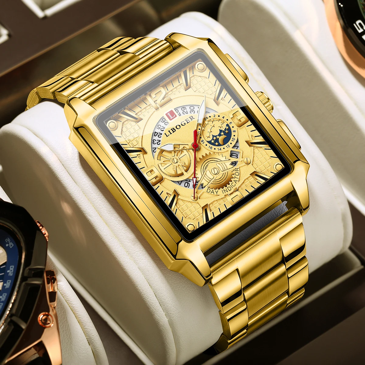 Luxury Golden Stainless Steel Band Men Business Watches Rectangle Calendar Quartz Wristwatches for Men's Clock Gift（Without Box）