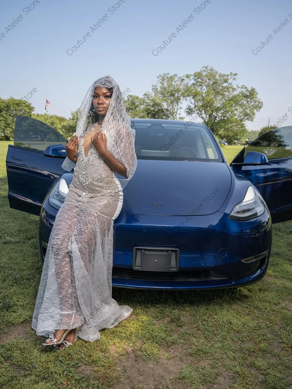 

Glamorous Silver See Thru Prom Dresses With Head Cover Beaded Rhinestones Mermaid African Wedding Dress Black Girls Customized