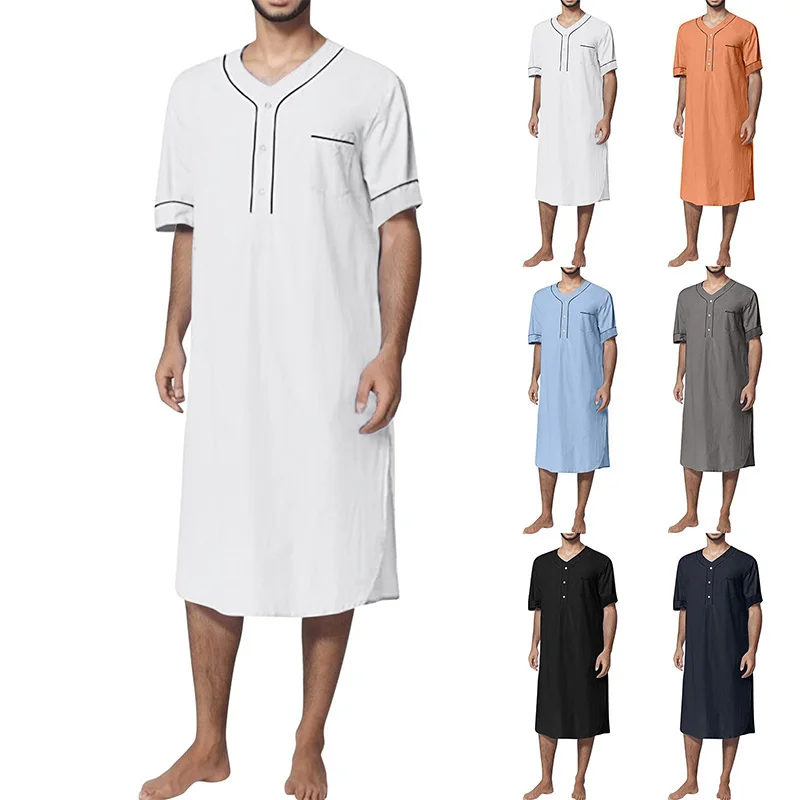 Baju Tidur Pria Muslim Ukuran Besar Model Longgar Lengan Pendek Bahan Campuran Poliester Lembut Desain V-neck Nyaman Dipakai