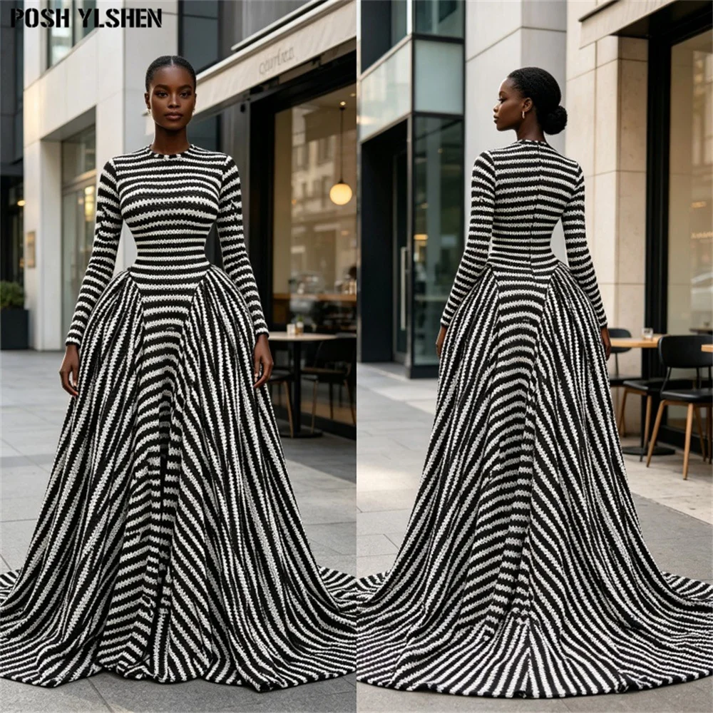 Black White Striped Maxi Evening Dress Long Sleeve Ball Gown Luxury Floor Length Formal Party Robe Femme African Dresses Women