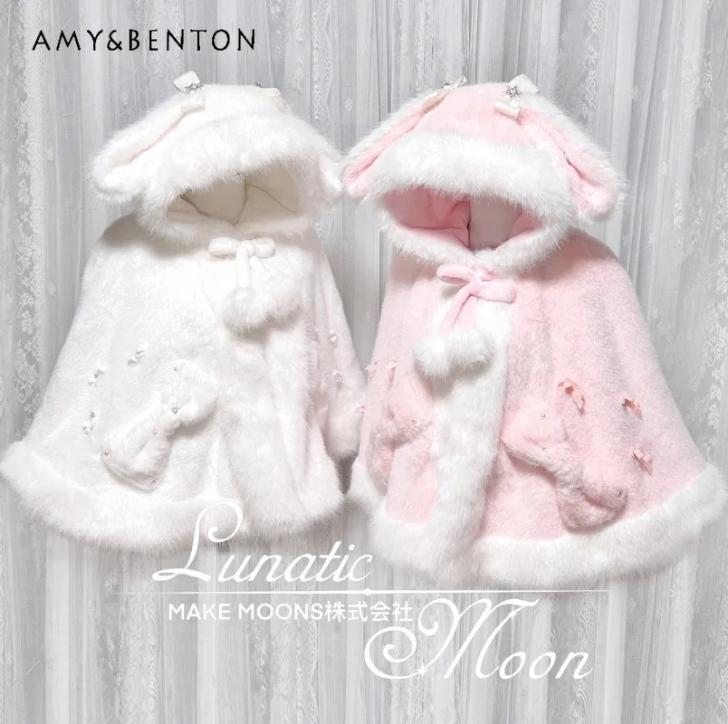 

Милое милое плюшевое пальто-накидка из искусственного меха с капюшоном, изысканное утепленное теплое пальто в японском стиле Mine Series с бантом в стиле пэчворк