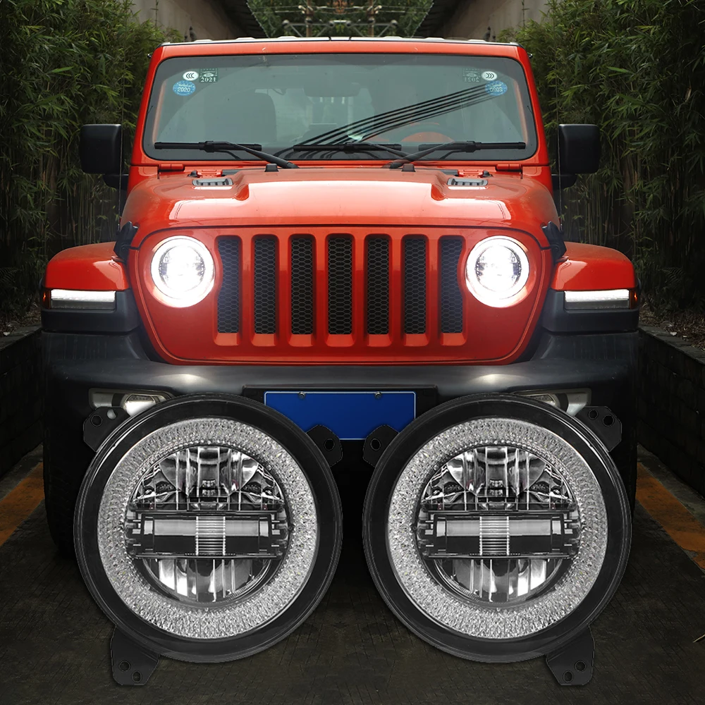 

Lantsun JL1166 Head Lamp Aluminum Alloy Headlamps Assembly Lighting Ring with White Ring for Jeep for Wrangler JL2018+, 1-pair