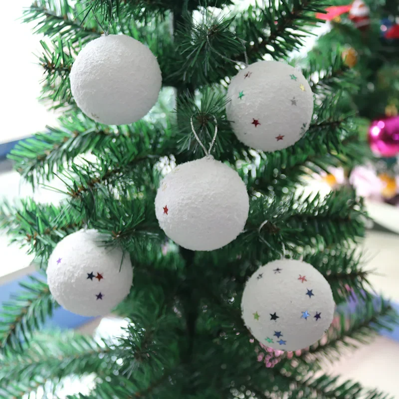 6pcs/pack Foam Snowballs White Round Ball with Glitter Star Decor Christmas Tree Hanging Pendants Ornaments Home Party Navidad