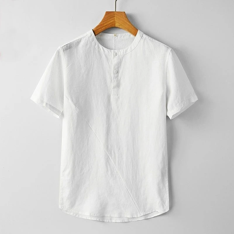 Chinese Style Men’s Cotton Linen Short Sleeve T-Shirt Summer Round Neck Loose Fit Linen Top Lightweight Breathable TShirts