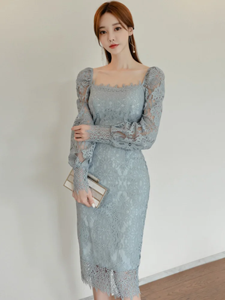 Elegant Party Dress Spring Korean Style Solid Sexy Lace Square Neck Puff Sleeve High Waist Tight Fit Career Office Lady Dress