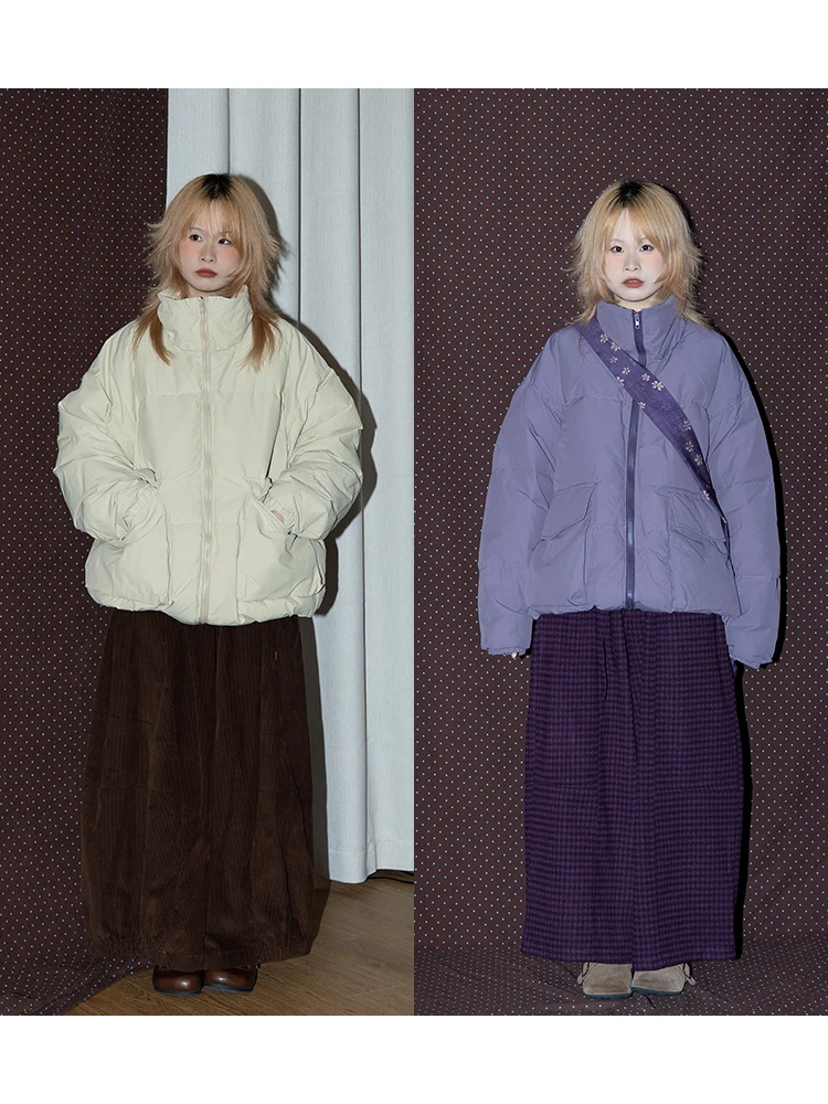 

Warmth Du down Jaet Zipper Stand Collar Lightweight Puffy Pure Color Top Coat for Winter Old Frie Brand