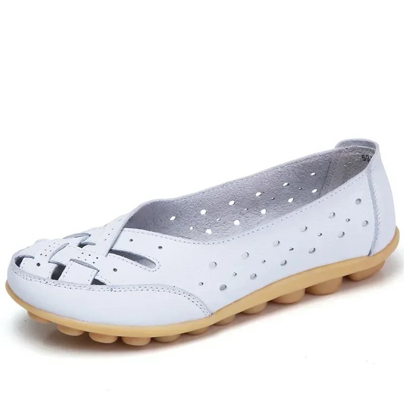 New Women Sandals Fashion Soft Sole Flat Heel Women Hollow Flat Shoes Woman Genuine Leather Shoes Female Casual 2024