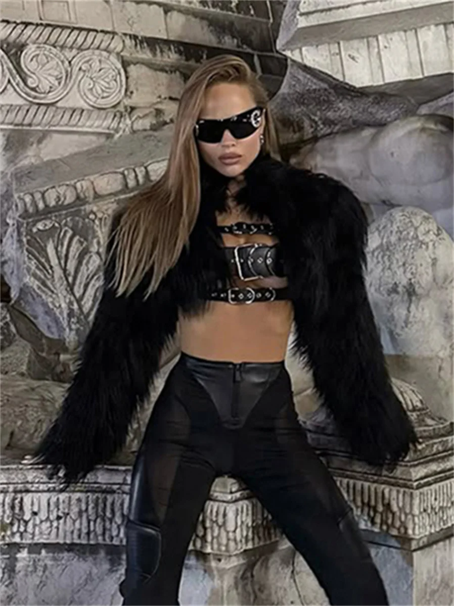 

Sisterlinda Y2K Sexy Luxury Furry Crop Jacket Woman Elegant Warm Winter Chic Tassel Full Sleeve Banquet Party Hipster Streetwear
