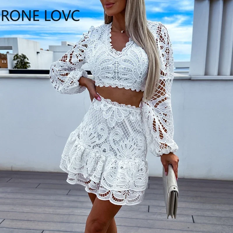 

Women Elegant Solid Long Sleeves Crop Top Hook Flower Hollow V Neck Ruffles Mini Sexy Skirt Sets