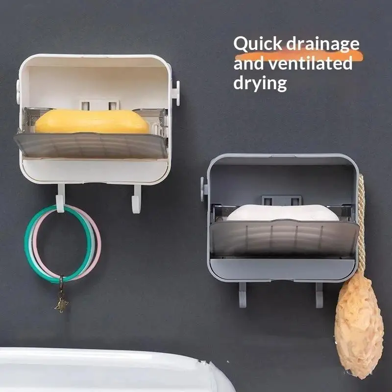 Toilet Dust-proof Belt Cover Drain Soap Box, Wall Mounted Seamless With Hook Soap Storage Rack