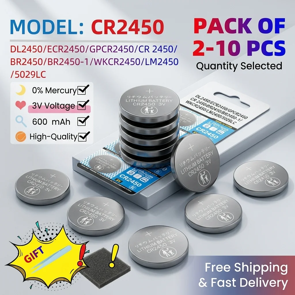 

2-10 шт. литиевые батарейки CR2450 3V (DL2450, BR2450, KCR5029, LM2450) типа «таблетка» для часов, автомобильных пультов ДУ, ключей, светодиодных фонарей