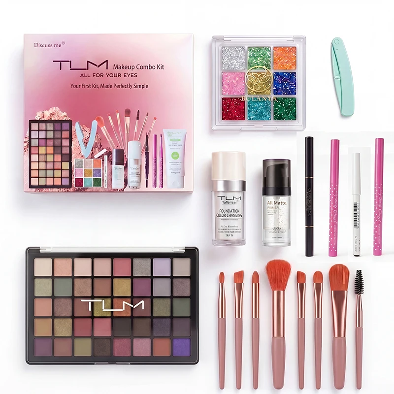 TLM Full 18‑Piece Makeup Combo Kit, Beginner Makeup Gift Box, Includes Eyeshadow Palette, Glitter Sequins, Makeup Brushes, Liquid Foundation, Makeup Primer, Cleansing Cream, Eyebrow Pencil, Eyebrow Trimmer, Perfect For Valentine'S Day Gift.