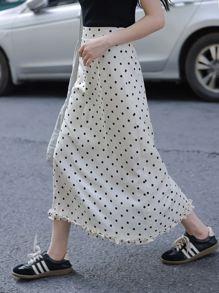 

High Waist A-Line Midi Skirt Women's Spring New Sle Slimming Drapey Polka Dot Skirt Ele Long Skirt Sweet Sle