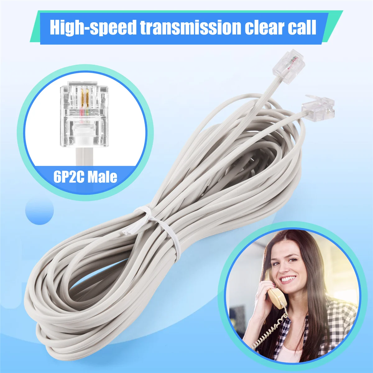 Cable de extensión de teléfono para conector RJ11, 1 piezas, 10m, color blanco