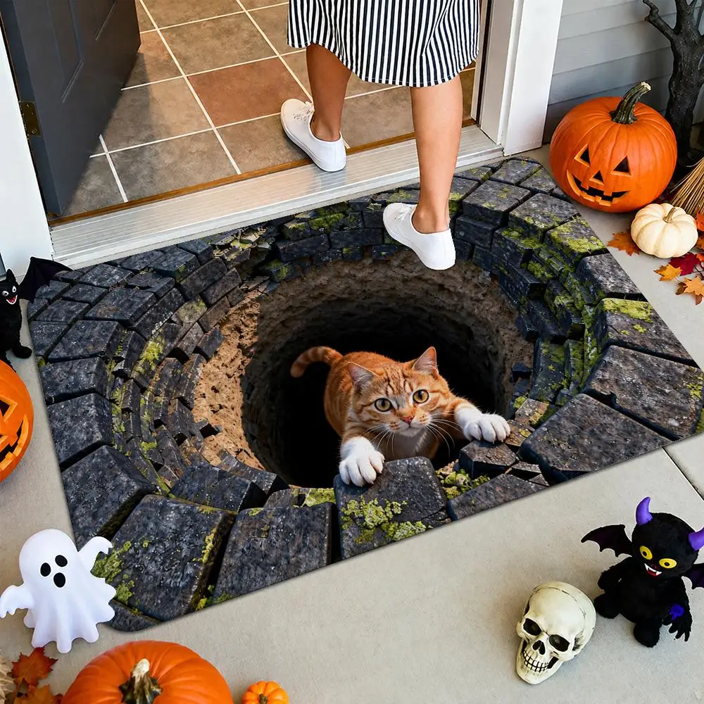 Cute Ginger Cat Peeking Hole Floor Mat Flannel Rug Soft Non Slip Washable Door Mat For Bathroom Bedroom Kitchen Home Decor