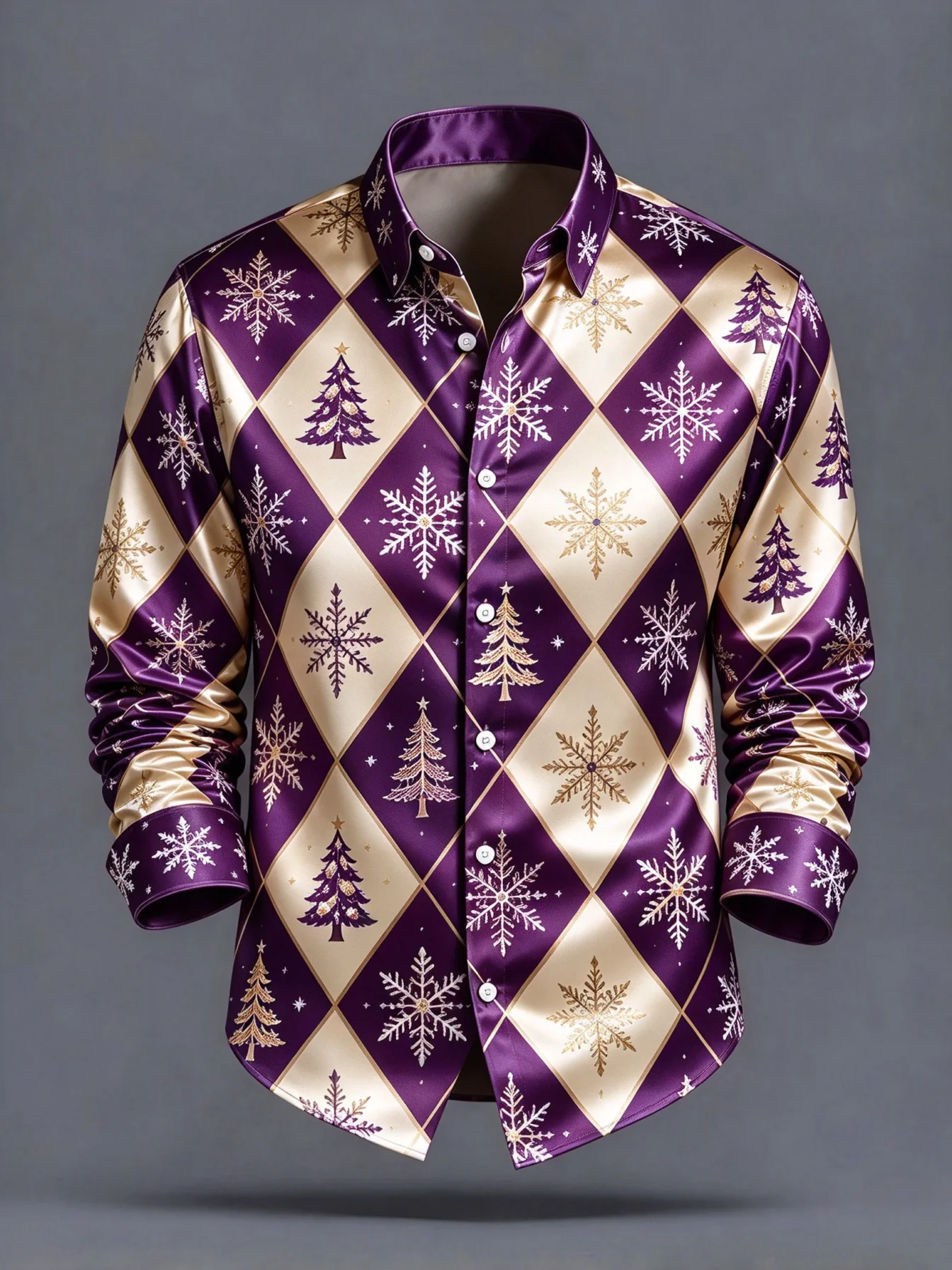 Men Satin Button Up Shirt Red Green Diamond Plaid Christmas Tree Snowflake Print Long Sleeve Holiday Shirt