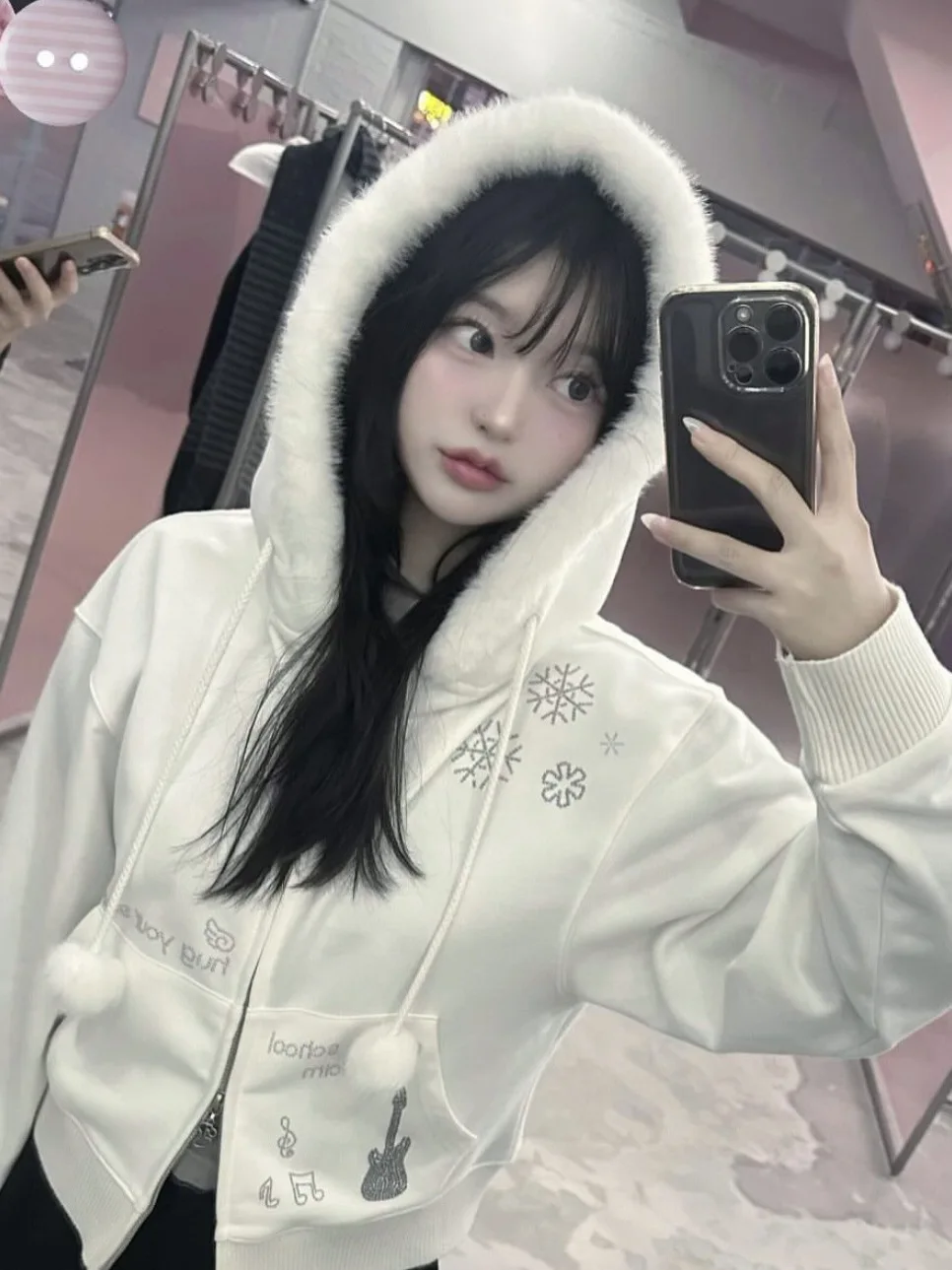 

Hugyourskn Japanese Light Winter Hat Sweatshirt Outerwear with Fur Collar Snowflake Letter Ball Long Sleeve Zipper Closure