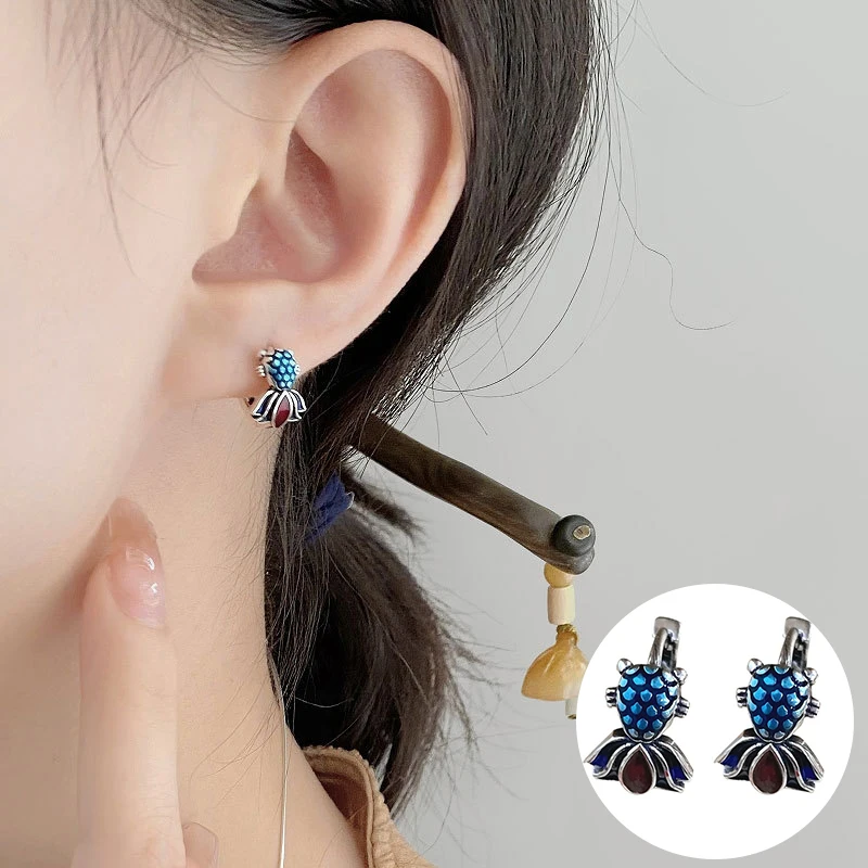

100% 925 Sterling Silver Goldfish Earrings for Women Girl Fashion Vintage Drop Glaze Design Jewelry Party Gift Dropshipping