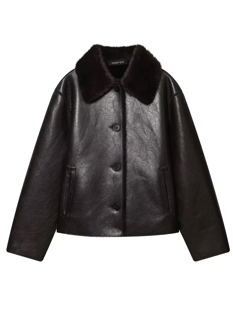 Feminino solto reversível jaqueta lapela único breasted pele do falso couro casaco de inverno moda feminina bolso chique quente outerwear