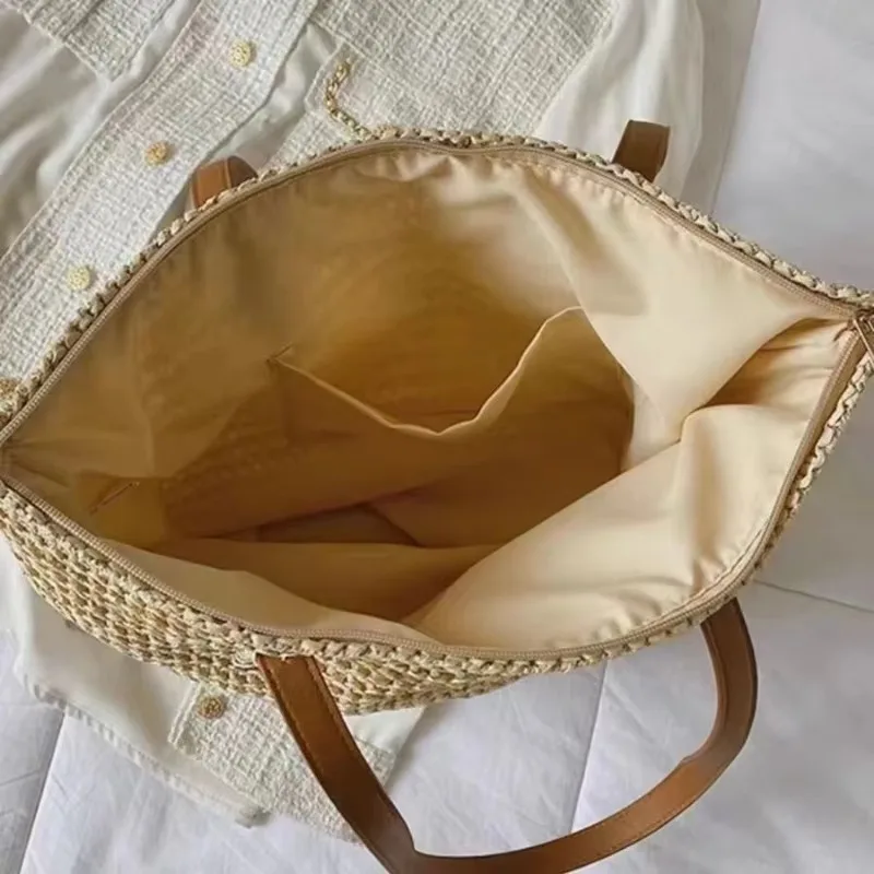 حقيبة كتف للشاطئ منسوجة صيفية فرنسية، حقيبة حمل مفردة بنمط مضفر، حقيبة ترفيهية للإبط، حقيبة تسوق كبيرة للنساء