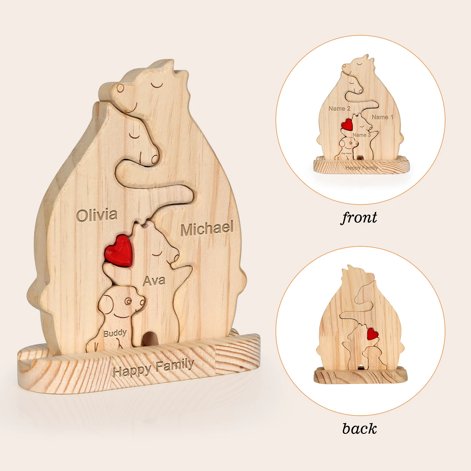 Free Engraving Custom Hugging Bear Family Wooden Puzzle Personalized Christmas Birthday Gift Family Name Sculpture 3-6 Names