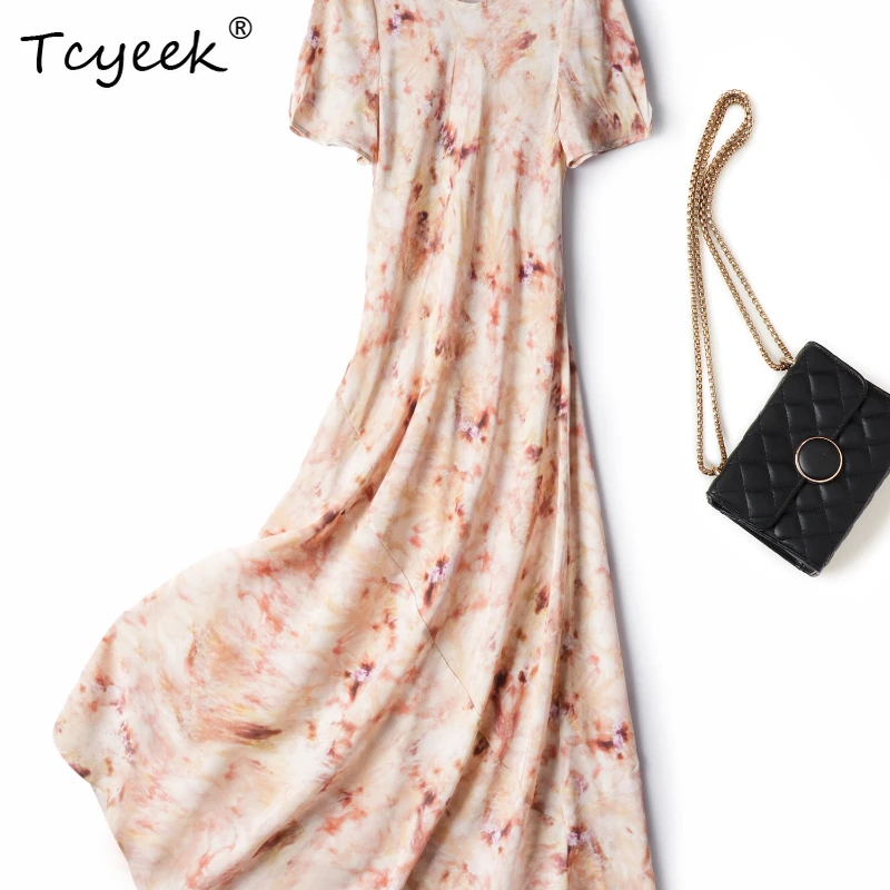 

Tcyeek 100% тутовый шелк, летнее французское платье трапециевидной формы с короткими рукавами и круглым вырезом, персиково-розовое длинное женское платье Vestidos Mujer