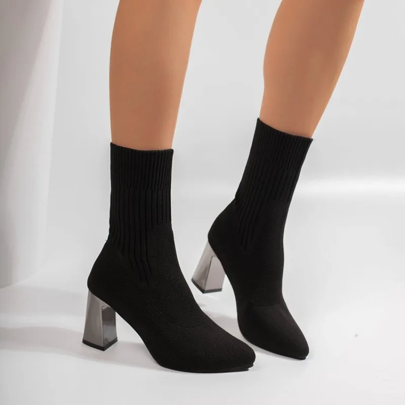 Women's 2026 Autumn Fashion Solid Color Elastic Stocking Boots Sexy Pointed Toe High Heel Brand Design Solid Color Ankle Boots