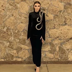 Luxury Celebrity Evening Party Diamods Bandage Bodycon Midi Dresses Elegant Black Long Sleeve Club Runway Long Dress For Women