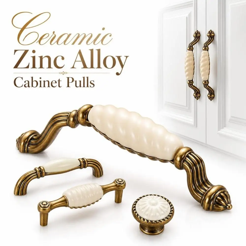 Zinc Alloy Ceramic Cabinet Pulls Antique Gold Retro Vintage Drawer Handles Sturdy European Style Antique Dresser Knobs Furniture