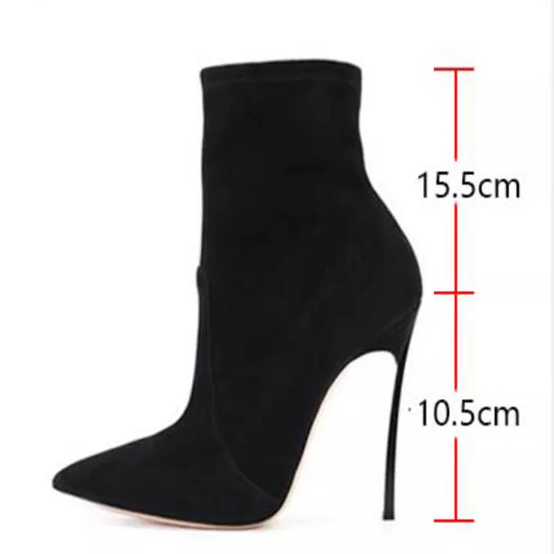 Drop Shipping Woman Black Apricot Burgundy Grey Suede Pointed Toe Metal Iron Thin Heels Mid-calf Short Boots Fashion Booties