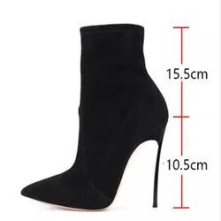 Drop Shipping Woman Black Apricot Burgundy Grey Suede Pointed Toe Metal Iron Thin Heels Mid-calf Short Boots Fashion Booties