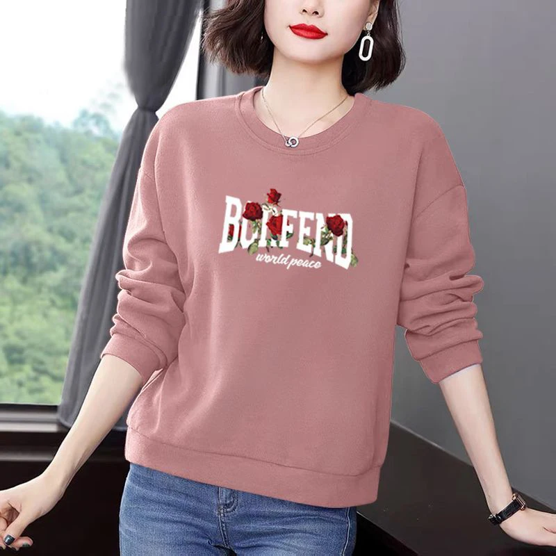 Women Clothing Autumn Winter Korean Floral Letter Print Y2K Plush Thick Sweatshirt Trendy Casual Long Sleeve Loose Pullover Tops