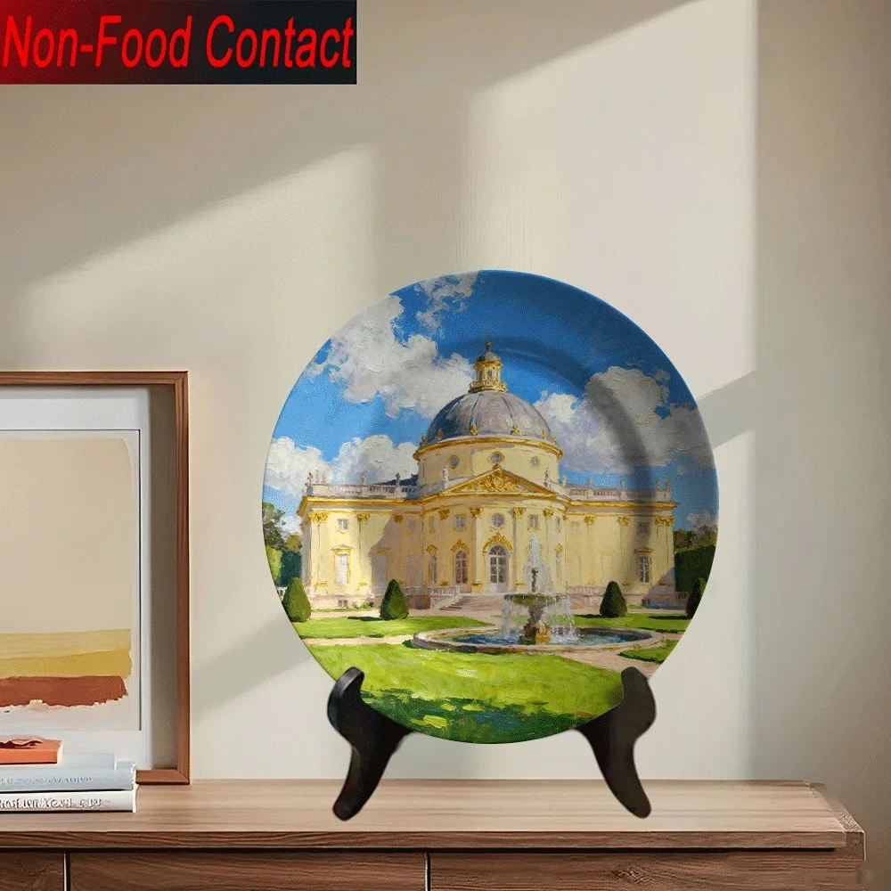1pc European Decorative Plate - Elegant Design with Golden Dome & Fountain, Non-Food Contact Ceramic Tabletop Decor for Living