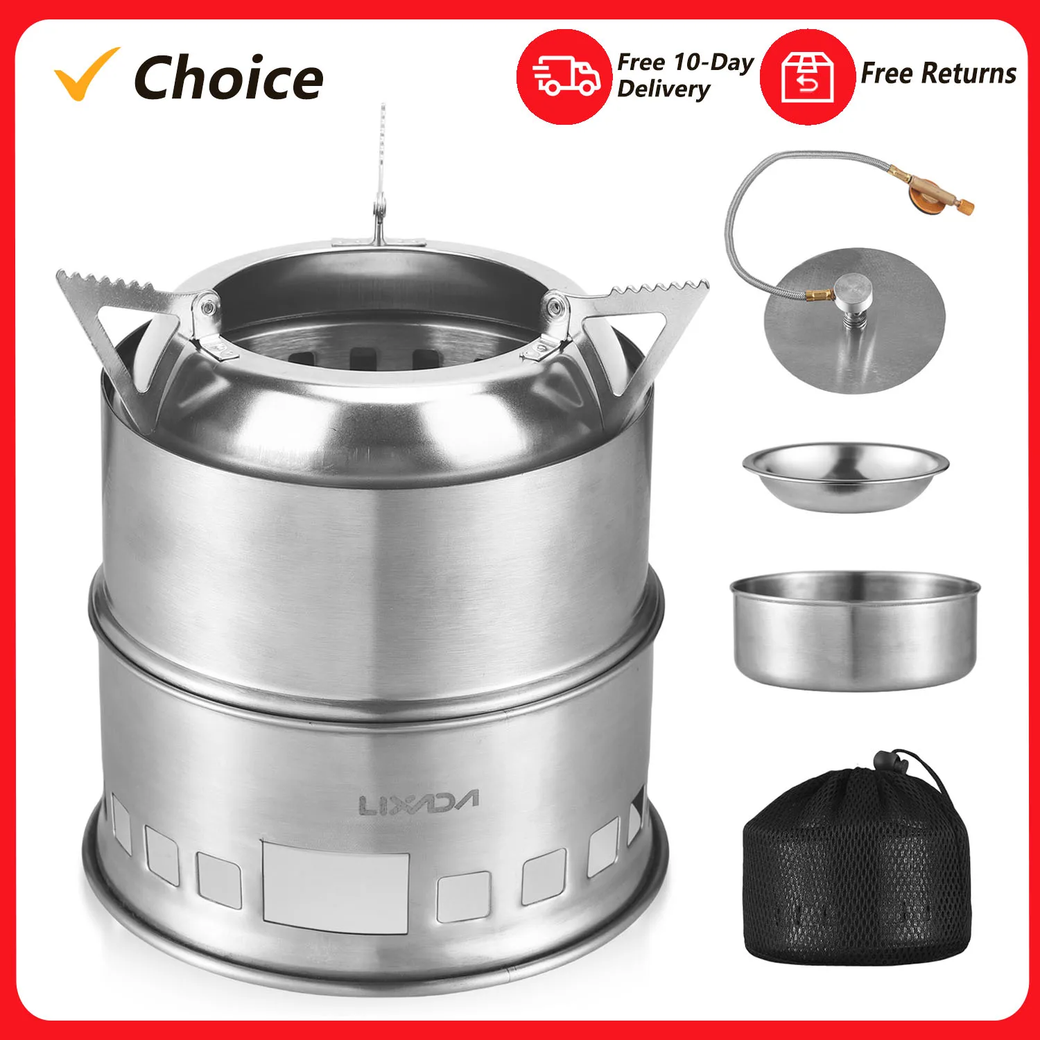 

Camping Stove 3-in-1 Portable Stainless Steel Lightweight Wood Gas Fuel Stoves for Outdoor Cooking Picnic BBQ Picnic Stove