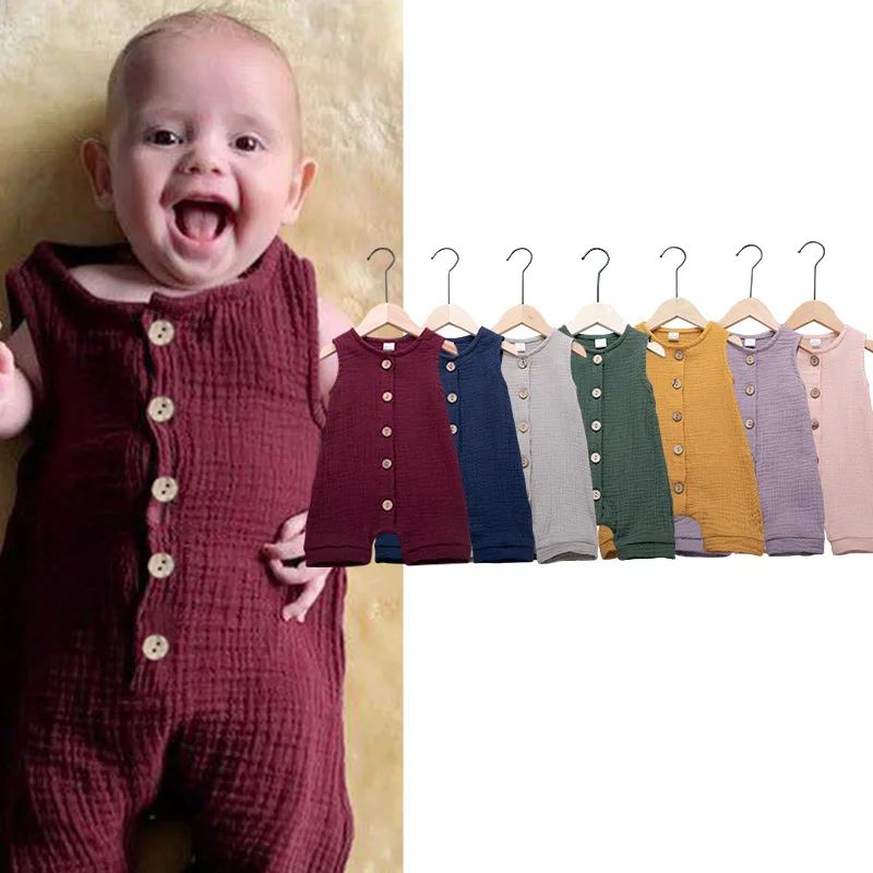 

Infant Baby Boys and Girls Jumpsuits Children Summer Cotton and Linen 7-color Sleeveless One-piece Romper Kids Clothes Outfits