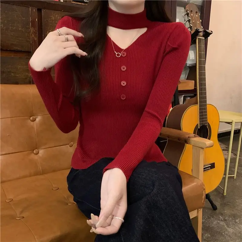 

2025 New Style Women's Slim Fit Long Sleeve Knitted Base Shirt Pure Desire Casual Wear Inner Piece Polyester Fiber Knit Top