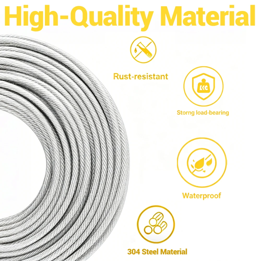 10/20M 3mm Stainless Steel Wire Rope Kit with U-shape Cable Clamp and PVC Coating for Camping Clothesline Garden Railing